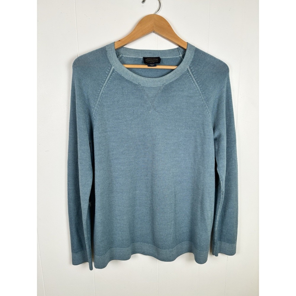 Pendleton Men's Medium 100% Merino Wool‎ Crew Neck Sweater Blue Green Elbow Pads